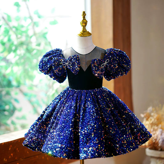 Princess Royal Blue Sequined Back Zip Baptism Bow(s) Tea Length Short Sleeve Puff Sleeve Sweetheart Flower Girl Dress