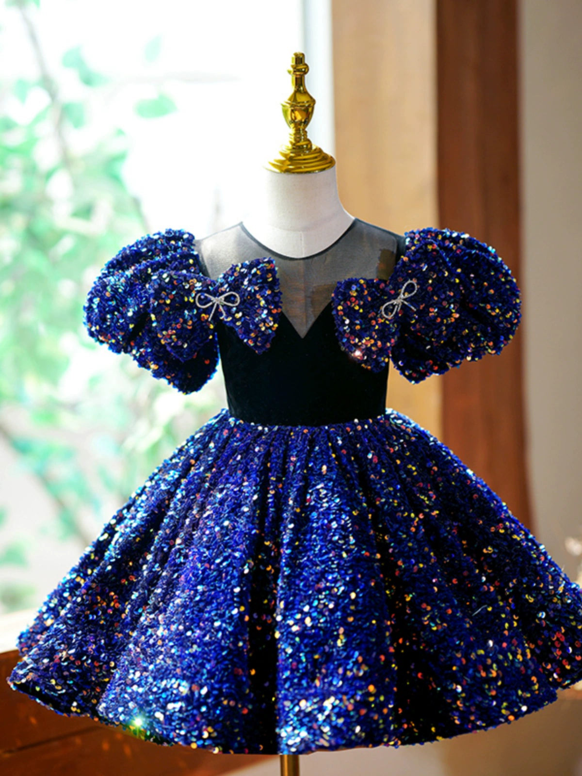 Princess Royal Blue Sequined Back Zip Baptism Bow(s) Tea Length Short Sleeve Puff Sleeve Sweetheart Flower Girl Dress