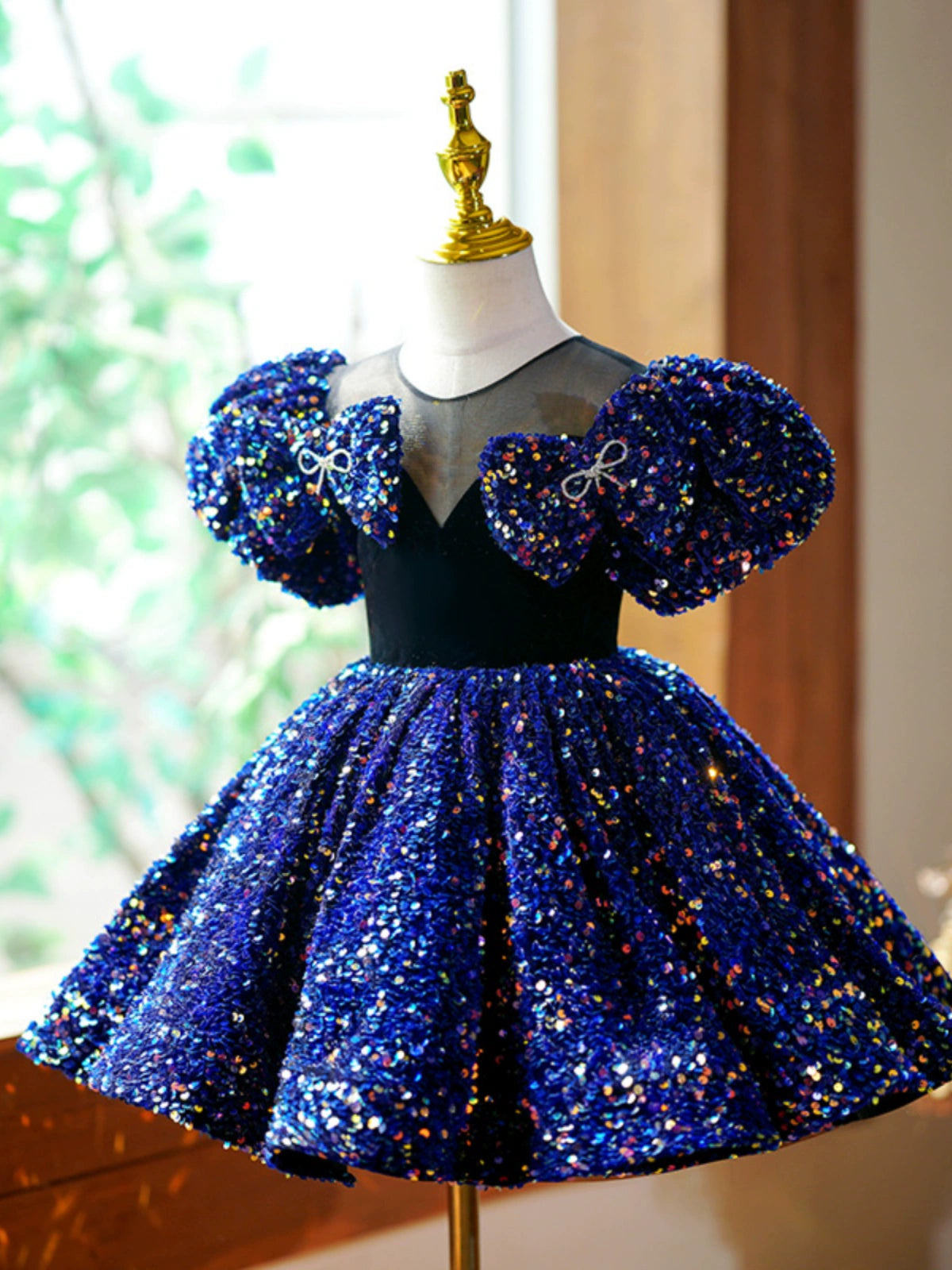 Princess Royal Blue Sequined Back Zip Baptism Bow(s) Tea Length Short Sleeve Puff Sleeve Sweetheart Flower Girl Dress