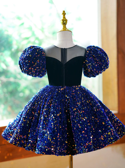 Princess Royal Blue Sequined Back Zip Baptism Bow(s) Tea Length Short Sleeve Puff Sleeve Sweetheart Flower Girl Dress