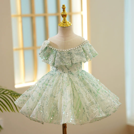 Princess Sage Green Sequined Back Zip Baptism Beaded Tea Length Short Sleeve Cap Sleeve Off Shoulder Flower Girl Dress