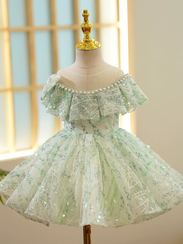 Princess Sage Green Sequined Back Zip Baptism Beaded Tea Length Short Sleeve Cap Sleeve Off Shoulder Flower Girl Dress