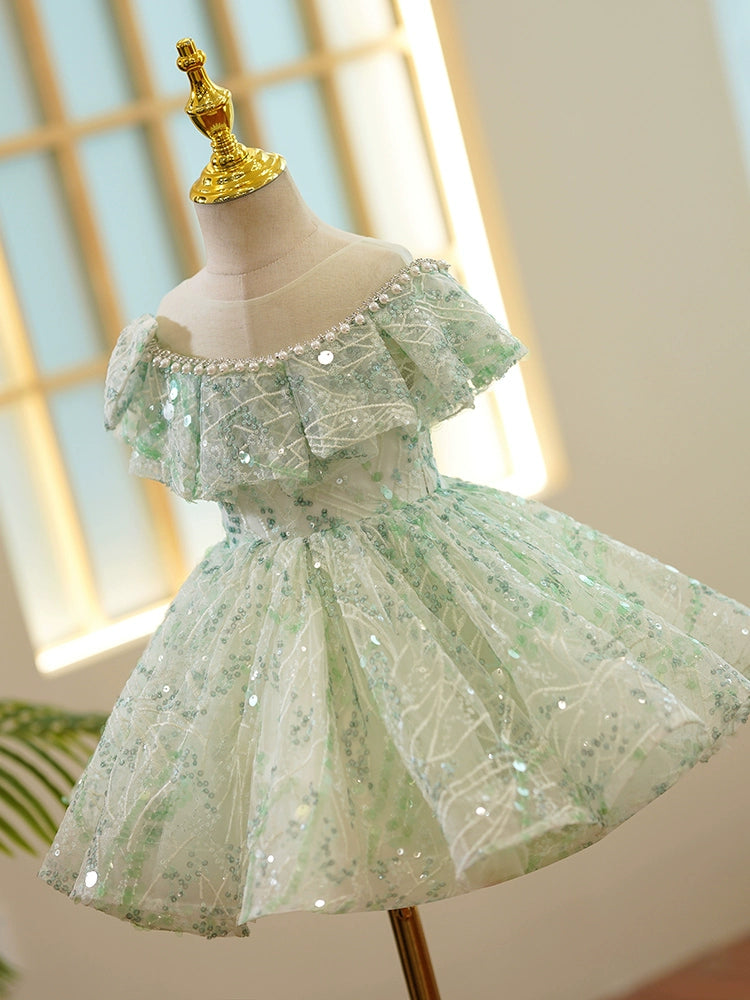 Princess Sage Green Sequined Back Zip Baptism Beaded Tea Length Short Sleeve Cap Sleeve Off Shoulder Flower Girl Dress