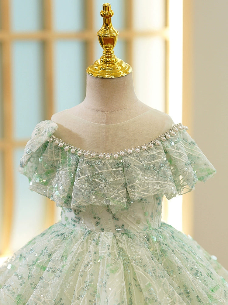 Princess Sage Green Sequined Back Zip Baptism Beaded Tea Length Short Sleeve Cap Sleeve Off Shoulder Flower Girl Dress