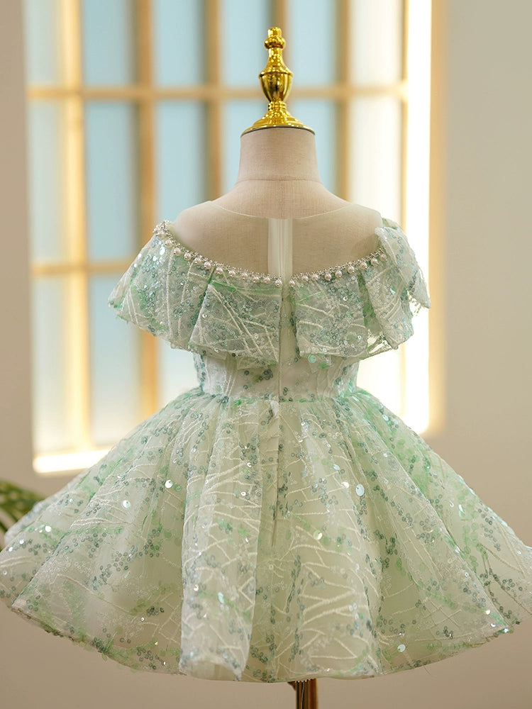 Princess Sage Green Sequined Back Zip Baptism Beaded Tea Length Short Sleeve Cap Sleeve Off Shoulder Flower Girl Dress