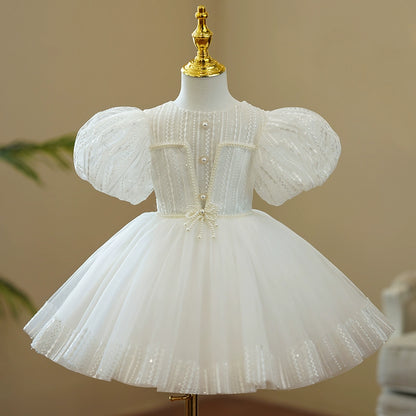 Princess White Lace Back Zip Baptism Lace Tea Length Short Sleeve Puff Sleeve Round Flower Girl Dress