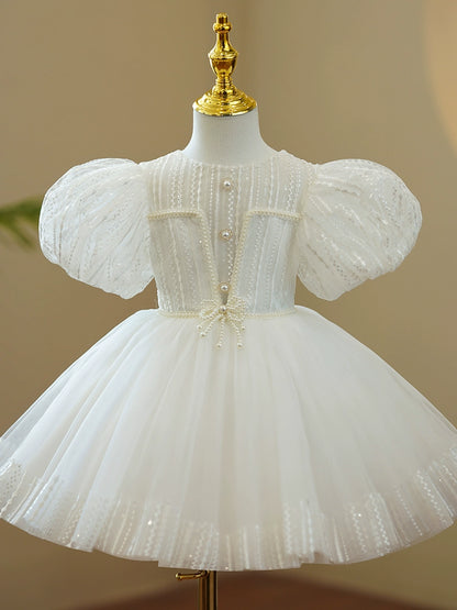 Princess White Lace Back Zip Baptism Lace Tea Length Short Sleeve Puff Sleeve Round Flower Girl Dress