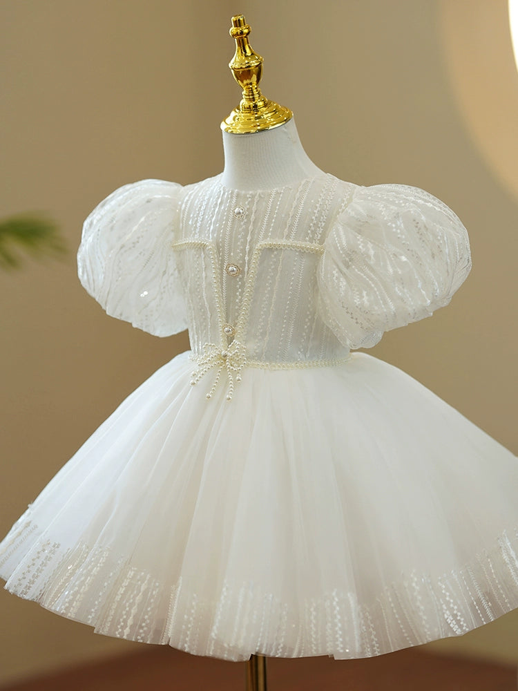 Princess White Lace Back Zip Baptism Lace Tea Length Short Sleeve Puff Sleeve Round Flower Girl Dress