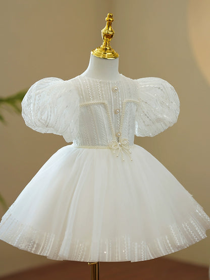 Princess White Lace Back Zip Baptism Lace Tea Length Short Sleeve Puff Sleeve Round Flower Girl Dress