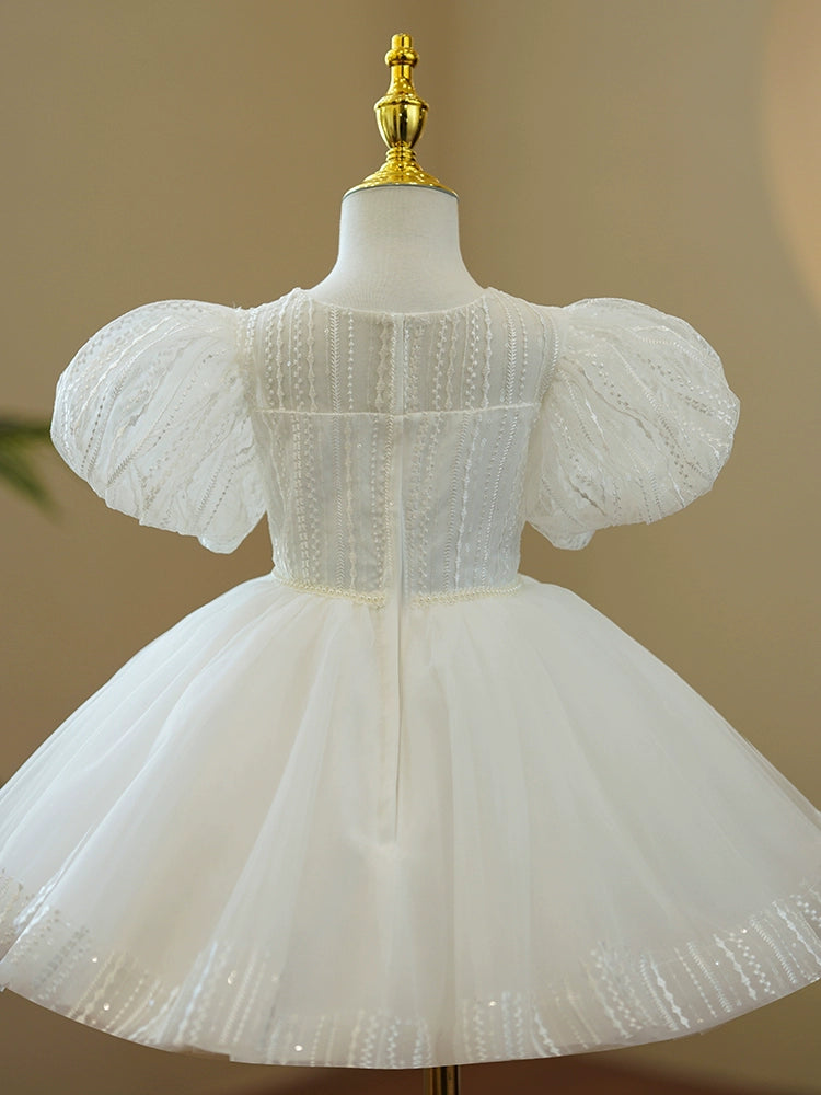 Princess White Lace Back Zip Baptism Lace Tea Length Short Sleeve Puff Sleeve Round Flower Girl Dress