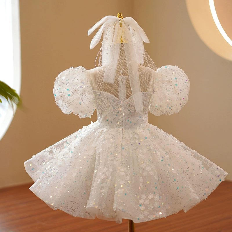 Princess White Lace Back Zip Baptism Lace Tea Length Short Sleeve Puff Sleeve Round Flower Girl Dress