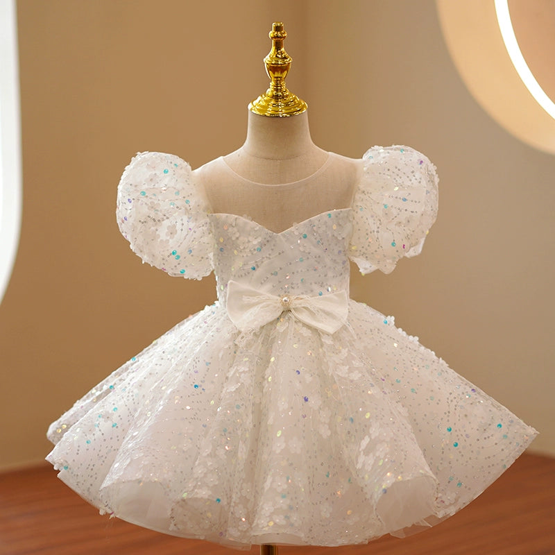 Princess White Lace Back Zip Baptism Lace Tea Length Short Sleeve Puff Sleeve Round Flower Girl Dress