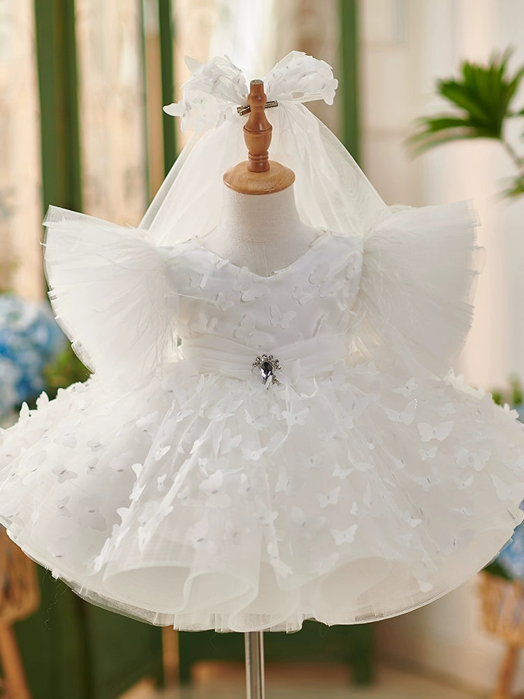 Princess White Lace Back Zip Baptism Lace Tea Length Short Sleeve Puff Sleeve Scoop Flower Girl Dress