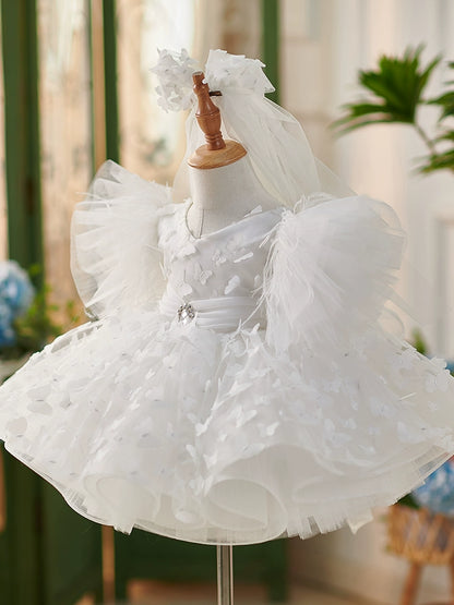 Princess White Lace Back Zip Baptism Lace Tea Length Short Sleeve Puff Sleeve Scoop Flower Girl Dress