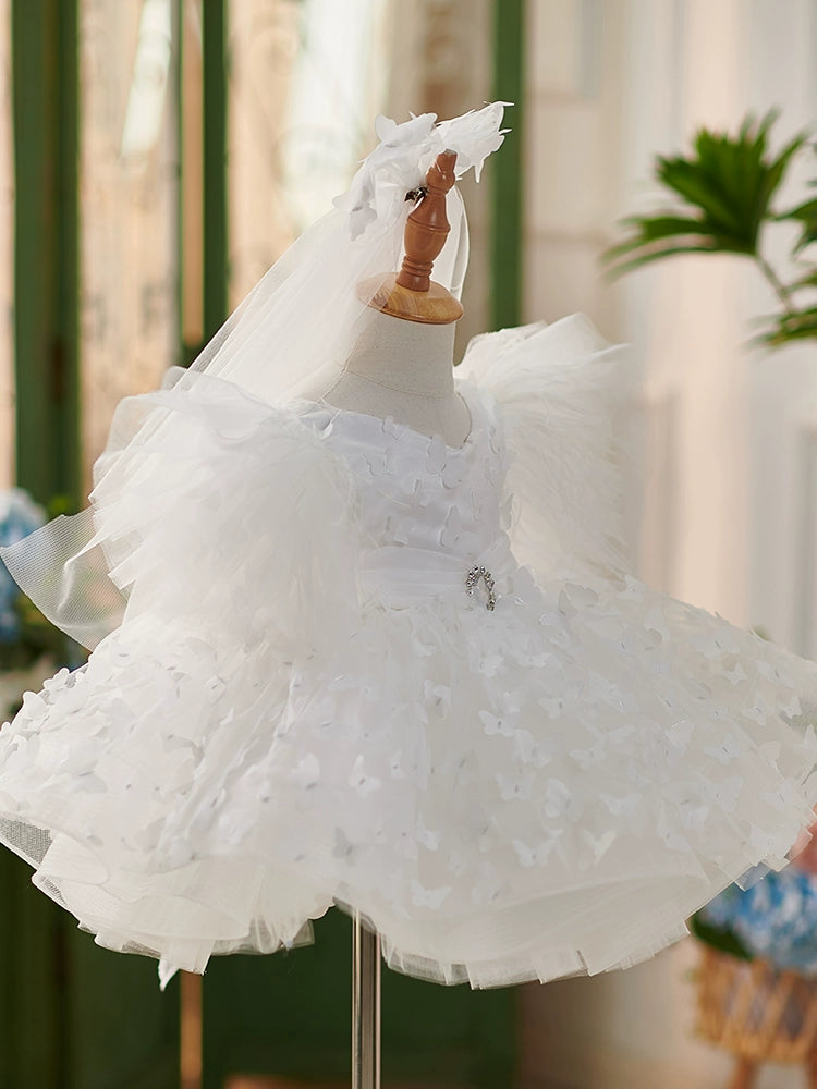 Princess White Lace Back Zip Baptism Lace Tea Length Short Sleeve Puff Sleeve Scoop Flower Girl Dress