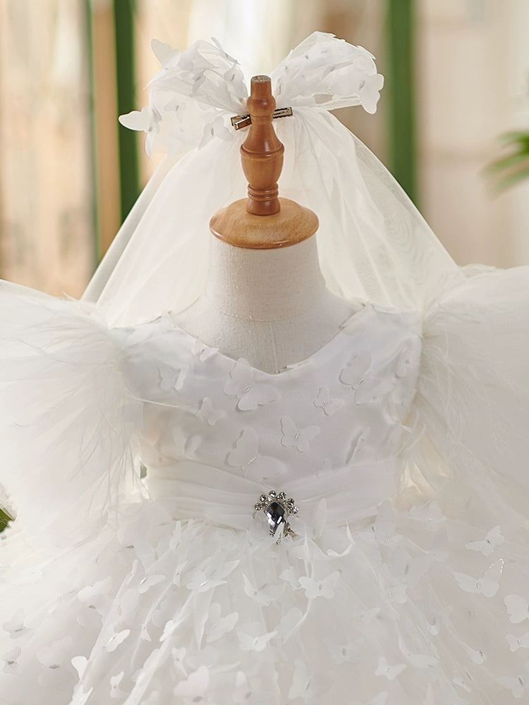 Princess White Lace Back Zip Baptism Lace Tea Length Short Sleeve Puff Sleeve Scoop Flower Girl Dress