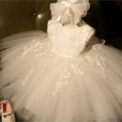 Princess White Lace Back Zip Baptism Lace Tea Length Sleeveless Cold Shoulder Sleeve Round Flower Girl Dress