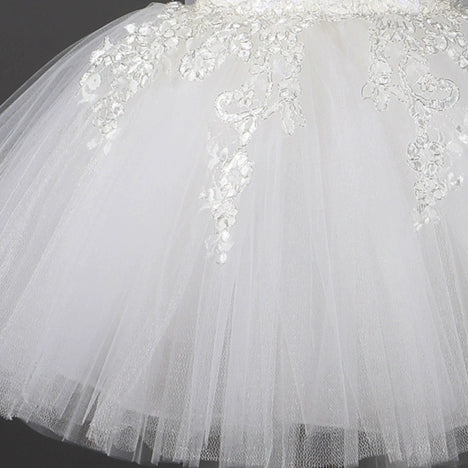 Princess White Lace Back Zip Baptism Lace Tea Length Sleeveless Cold Shoulder Sleeve Round Flower Girl Dress