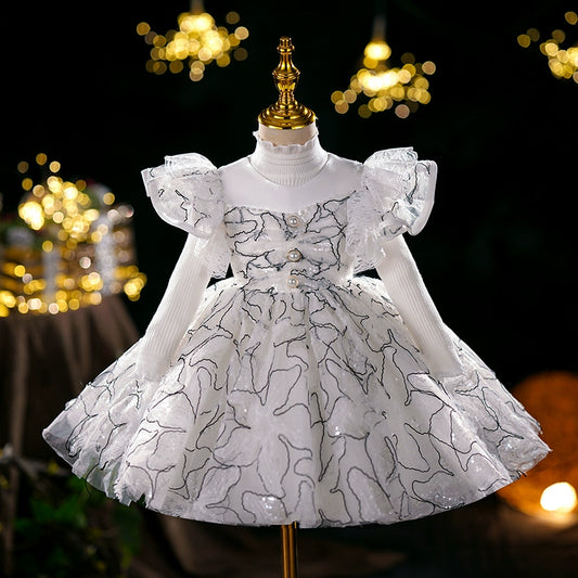 Princess White Organza Back Zip Baptism Sequins Tea Length Short Sleeve Cap Sleeve Round Flower Girl Dress