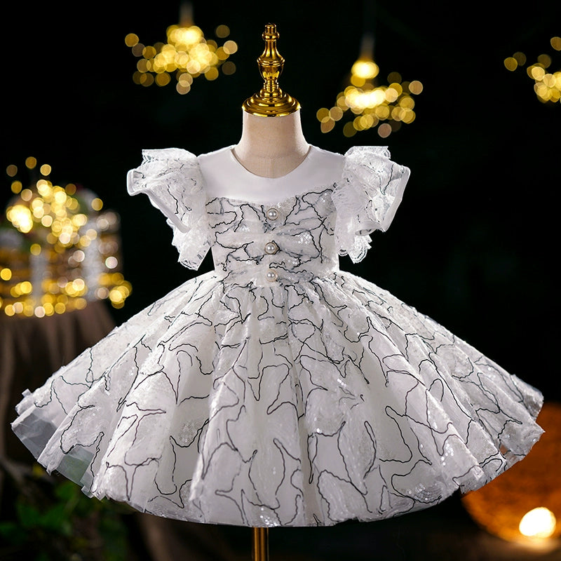 Princess White Organza Back Zip Baptism Sequins Tea Length Short Sleeve Cap Sleeve Round Flower Girl Dress