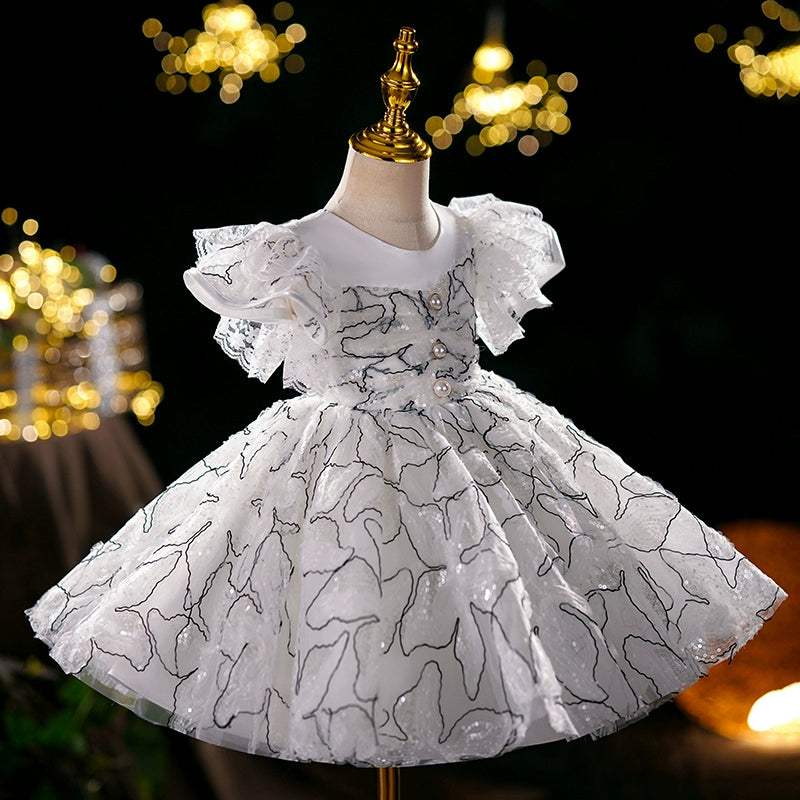 Princess White Organza Back Zip Baptism Sequins Tea Length Short Sleeve Cap Sleeve Round Flower Girl Dress