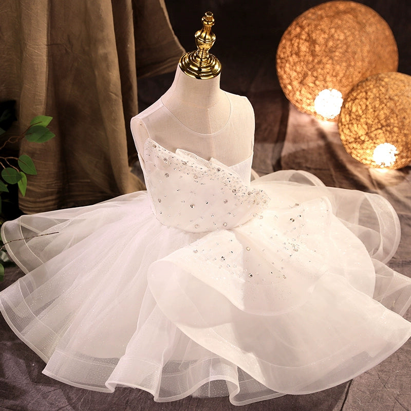 Princess White Organza Back Zip Baptism Sequins Tea Length Sleeveless Round Flower Girl Dress