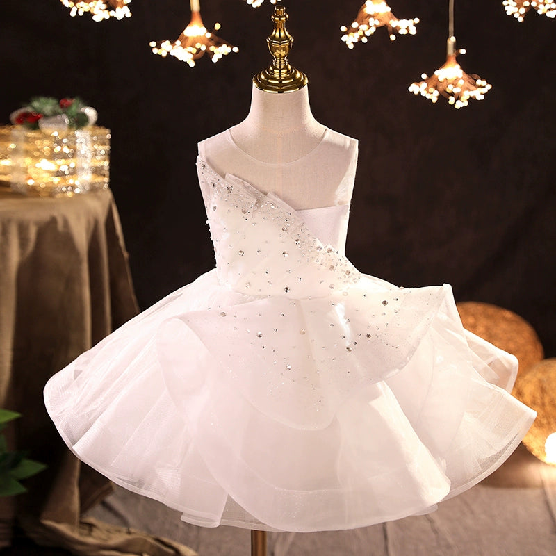 Princess White Organza Back Zip Baptism Sequins Tea Length Sleeveless Round Flower Girl Dress