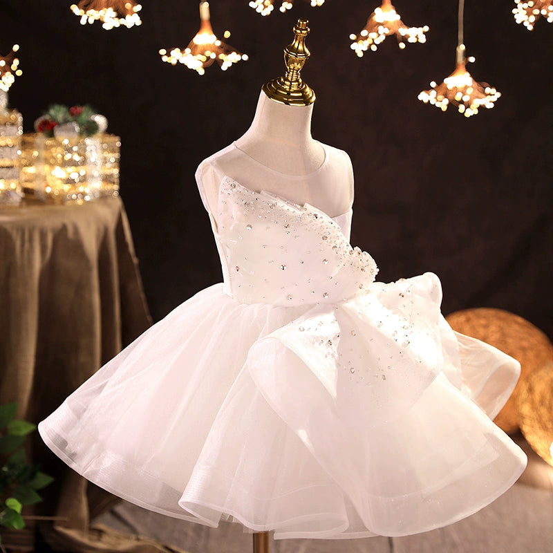 Princess White Organza Back Zip Baptism Sequins Tea Length Sleeveless Round Flower Girl Dress