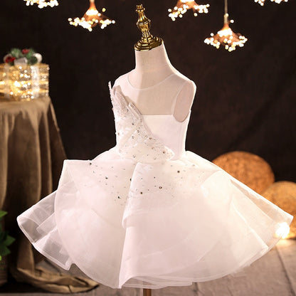 Princess White Organza Back Zip Baptism Sequins Tea Length Sleeveless Round Flower Girl Dress