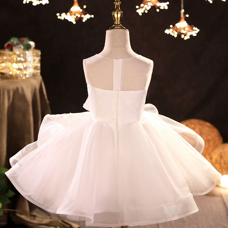 Princess White Organza Back Zip Baptism Sequins Tea Length Sleeveless Round Flower Girl Dress