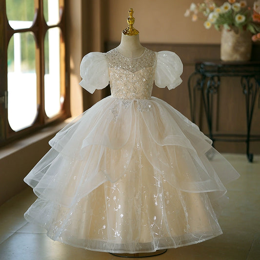 Princess White Organza Crossed Straps Baptism Cascading Ruffles Floor Length Short Sleeve Puff Sleeve Round Flower Girl Dress