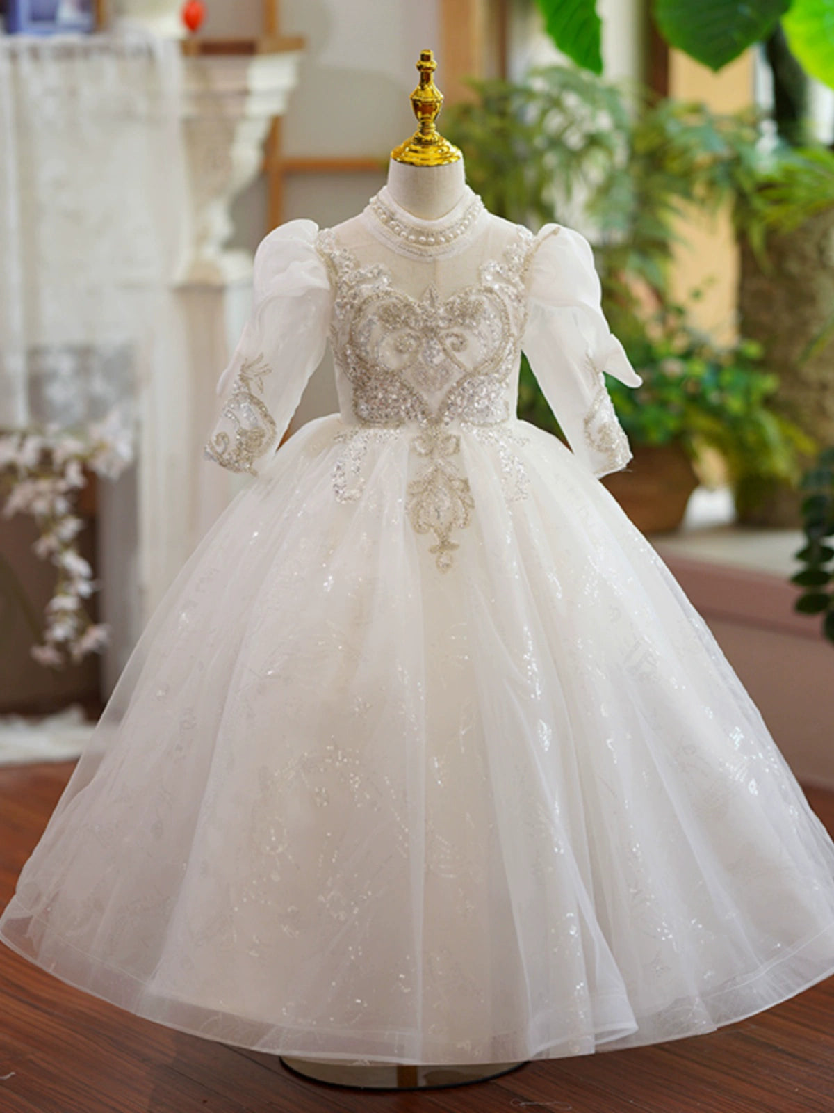 Princess White Organza Crossed Straps Baptism Lace Floor Length Long Sleeve Puff Sleeve Jewel Neck Flower Girl Dress