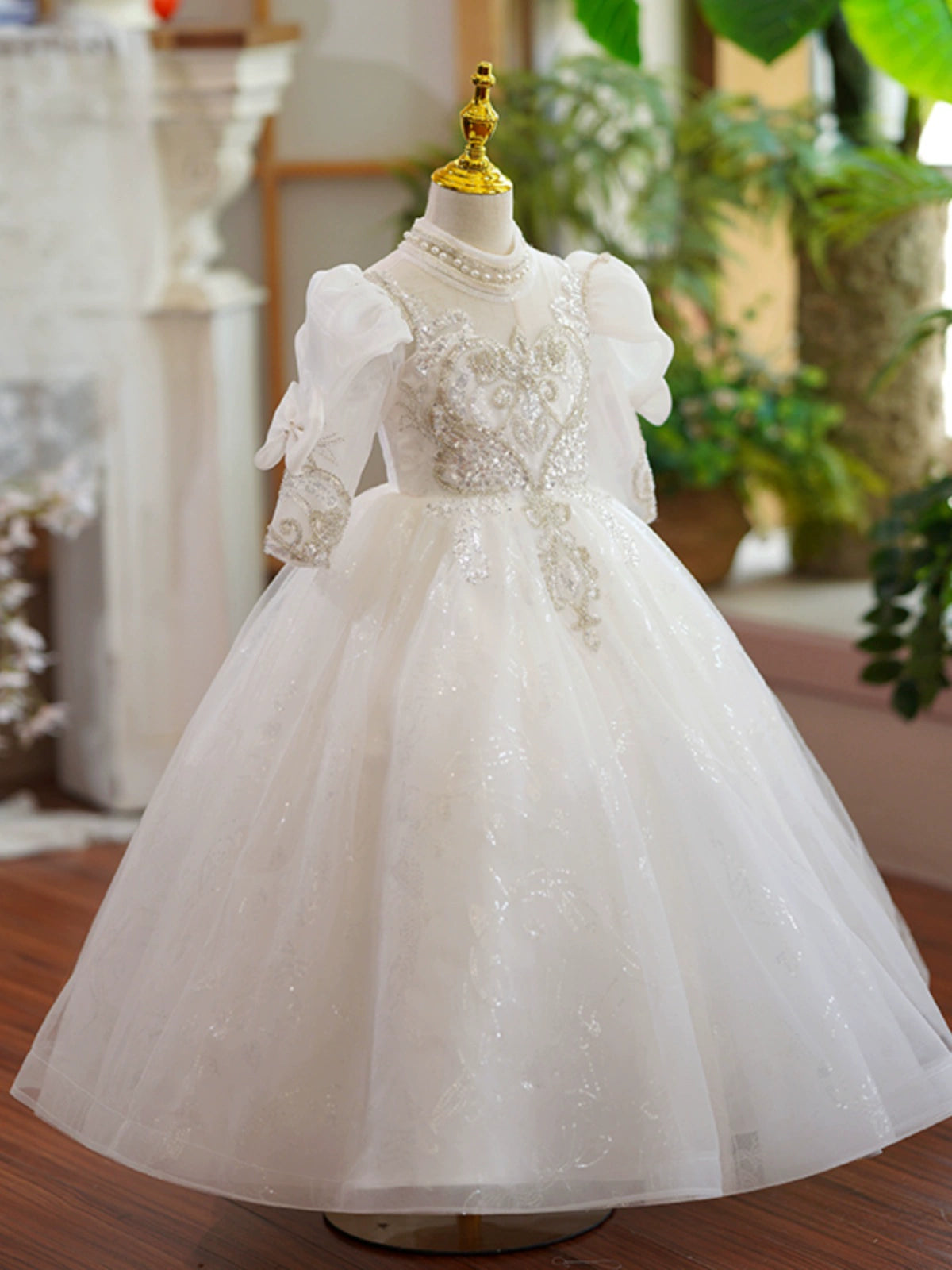 Princess White Organza Crossed Straps Baptism Lace Floor Length Long Sleeve Puff Sleeve Jewel Neck Flower Girl Dress