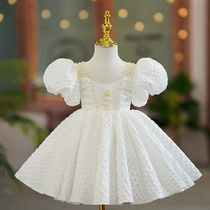 Princess White Polyester Back Zip Baptism Beaded Tea Length Short Sleeve Puff Sleeve Square Flower Girl Dress