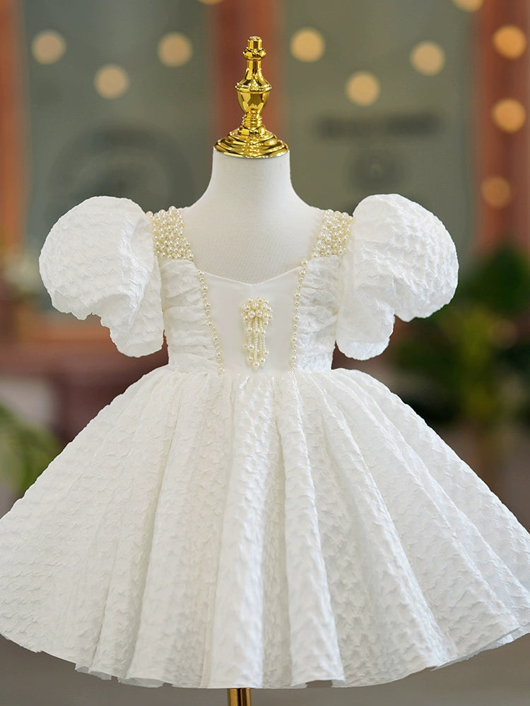 Princess White Polyester Back Zip Baptism Beaded Tea Length Short Sleeve Puff Sleeve Square Flower Girl Dress