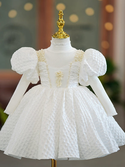 Princess White Polyester Back Zip Baptism Beaded Tea Length Short Sleeve Puff Sleeve Square Flower Girl Dress