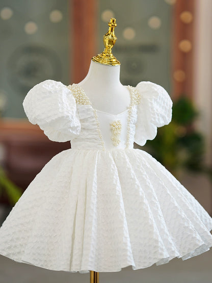 Princess White Polyester Back Zip Baptism Beaded Tea Length Short Sleeve Puff Sleeve Square Flower Girl Dress