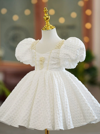 Princess White Polyester Back Zip Baptism Beaded Tea Length Short Sleeve Puff Sleeve Square Flower Girl Dress