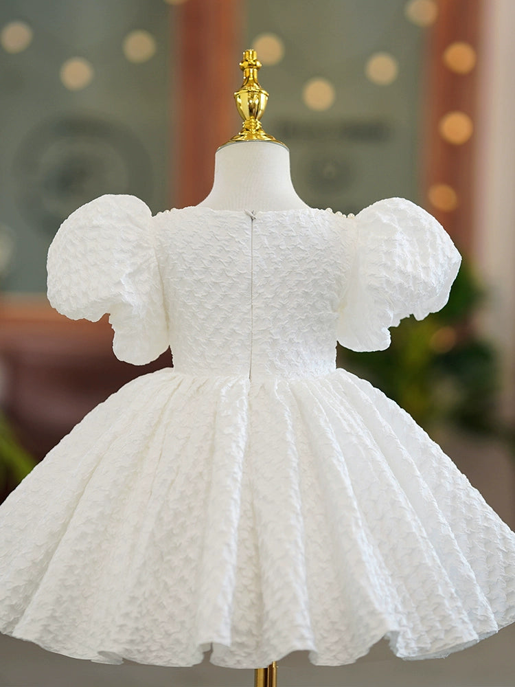 Princess White Polyester Back Zip Baptism Beaded Tea Length Short Sleeve Puff Sleeve Square Flower Girl Dress