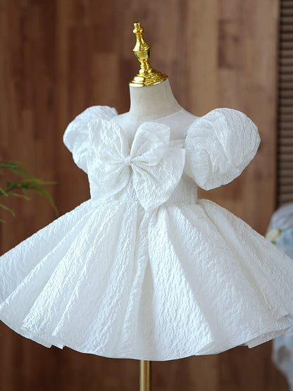 Princess White Polyester Back Zip Baptism Bow(s) Tea Length Short Sleeve Puff Sleeve Round Flower Girl Dress