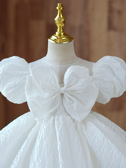 Princess White Polyester Back Zip Baptism Bow(s) Tea Length Short Sleeve Puff Sleeve Round Flower Girl Dress