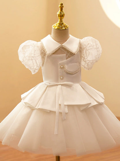 Princess White Satin Back Zip Baptism Beaded Tea Length Short Sleeve Lantern Sleeve Collared Neck Flower Girl Dress