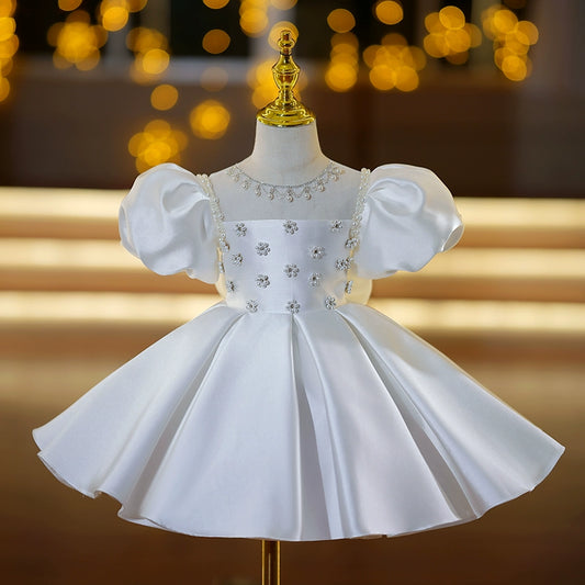 Princess White Satin Back Zip Baptism Beaded Tea Length Short Sleeve Puff Sleeve Square Flower Girl Dress