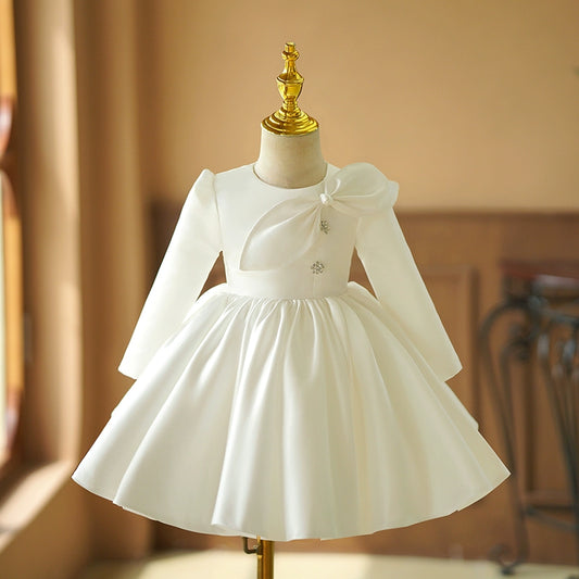 Princess White Satin Back Zip Baptism Bow(s) Long Sleeve Round Flower Girl Dress