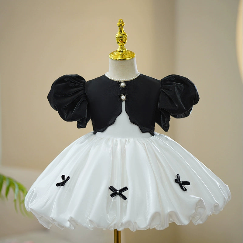 Princess White Satin Back Zip Baptism Bow(s) Tea Length Short Sleeve Puff Sleeve Round Flower Girl Dress