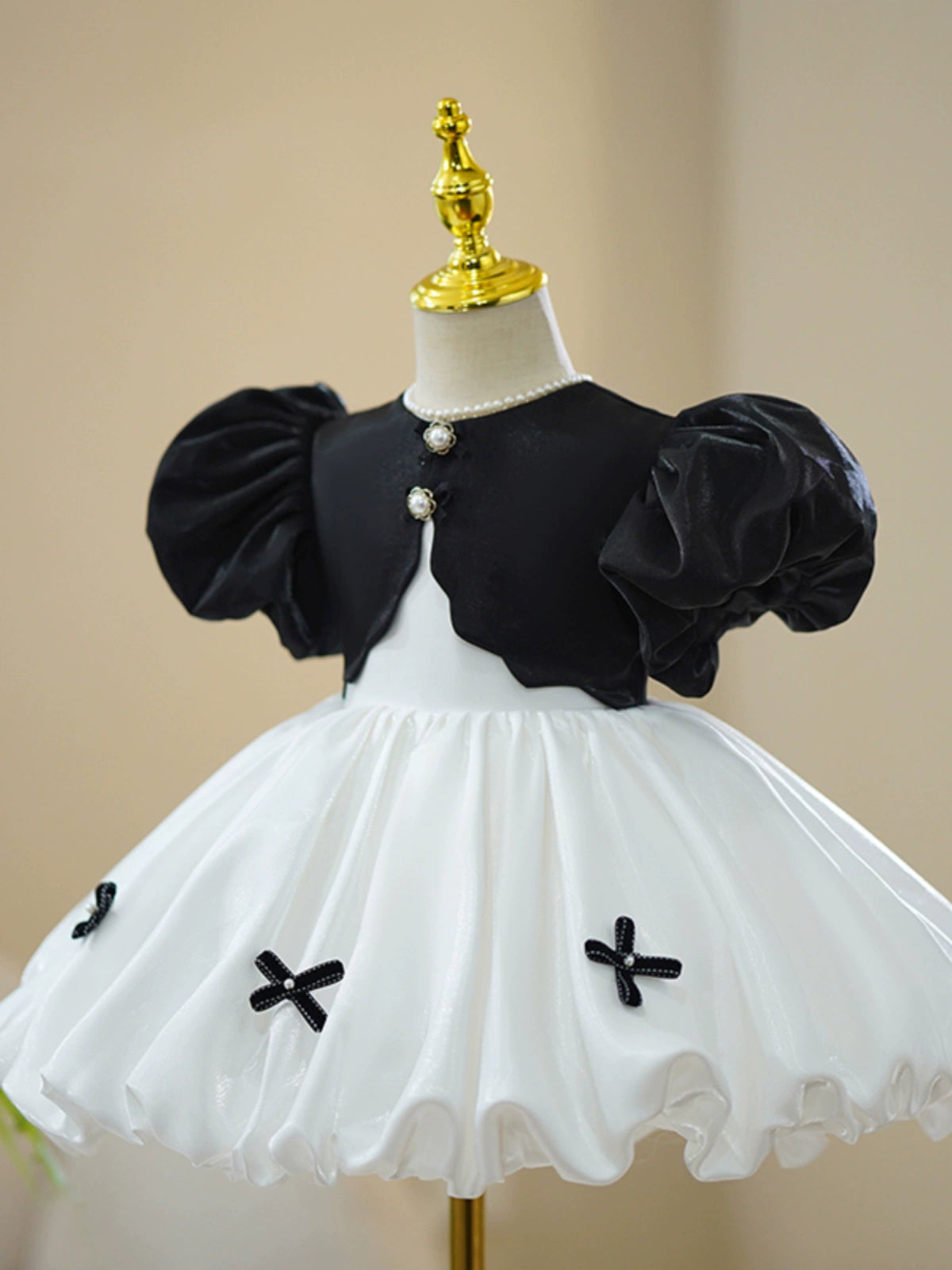 Princess White Satin Back Zip Baptism Bow(s) Tea Length Short Sleeve Puff Sleeve Round Flower Girl Dress