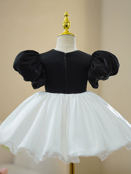 Princess White Satin Back Zip Baptism Bow(s) Tea Length Short Sleeve Puff Sleeve Round Flower Girl Dress