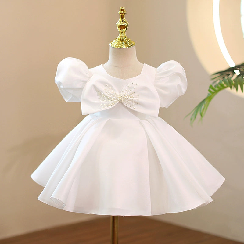 Princess White Satin Back Zip Baptism Bow(s) Tea Length Short Sleeve Puff Sleeve Square Flower Girl Dress
