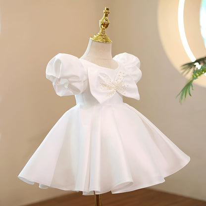 Princess White Satin Back Zip Baptism Bow(s) Tea Length Short Sleeve Puff Sleeve Square Flower Girl Dress