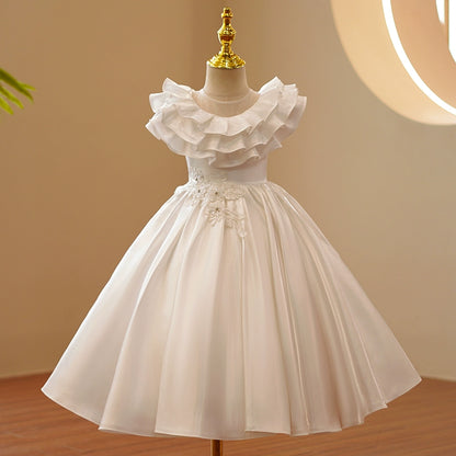 Princess White Satin Back Zip Baptism Lace Floor Length Short Sleeve Cap Sleeve Round Flower Girl Dress